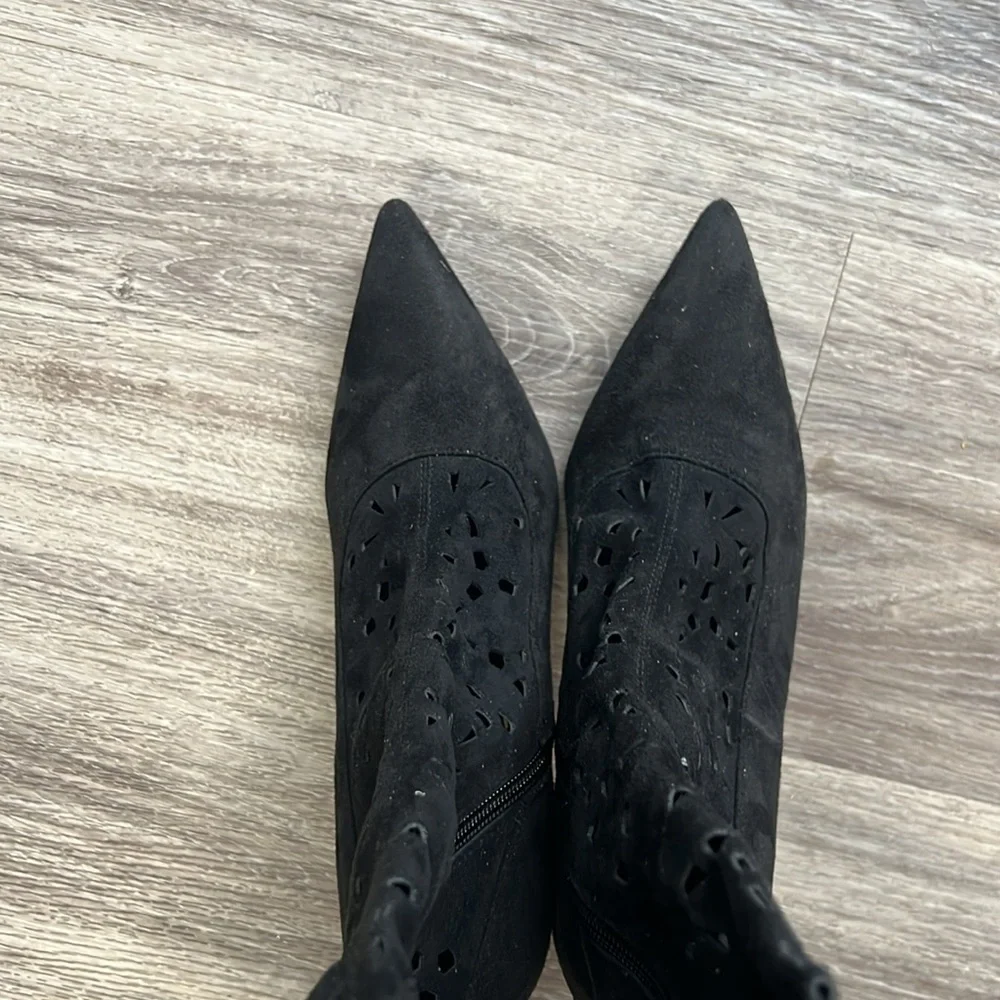 Jeffrey Campbell Black Suede Perforated Tall Boots Stiletto Heel 6.5